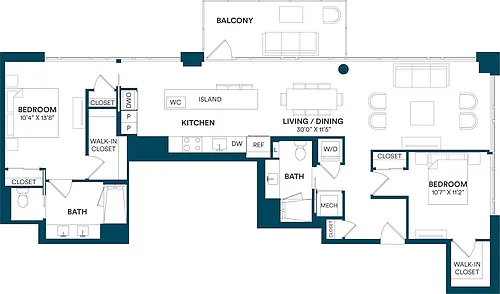 Floor plan 2 Bed/2 Bath-B2 PH 15