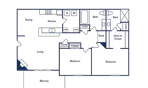 Floor plan 2 Bedroom, 2 Bath (1,007 sqft.)