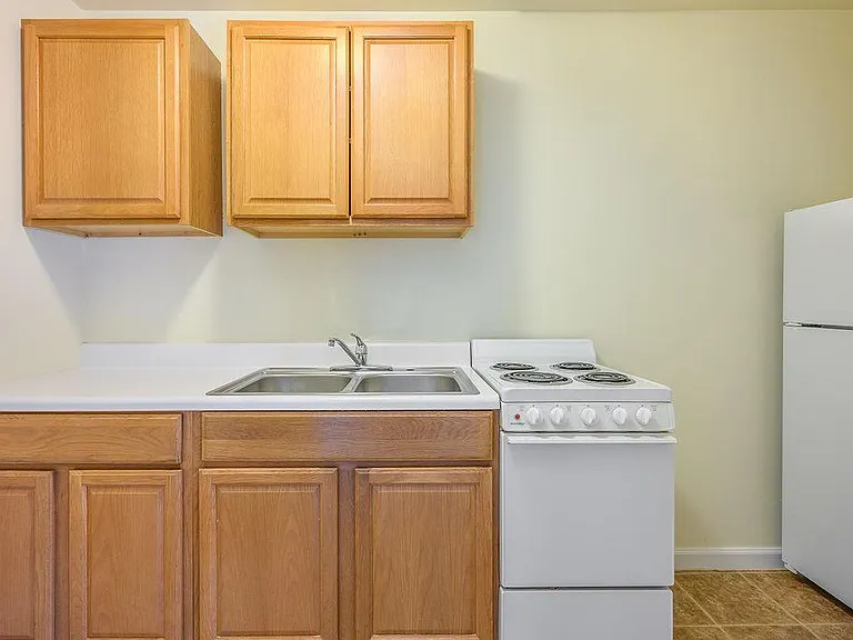 Kitchenette with fridge, oven, range, double sink, and cabinetry.