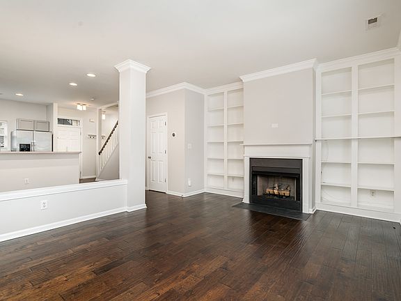 Living room with custom built-in shelves