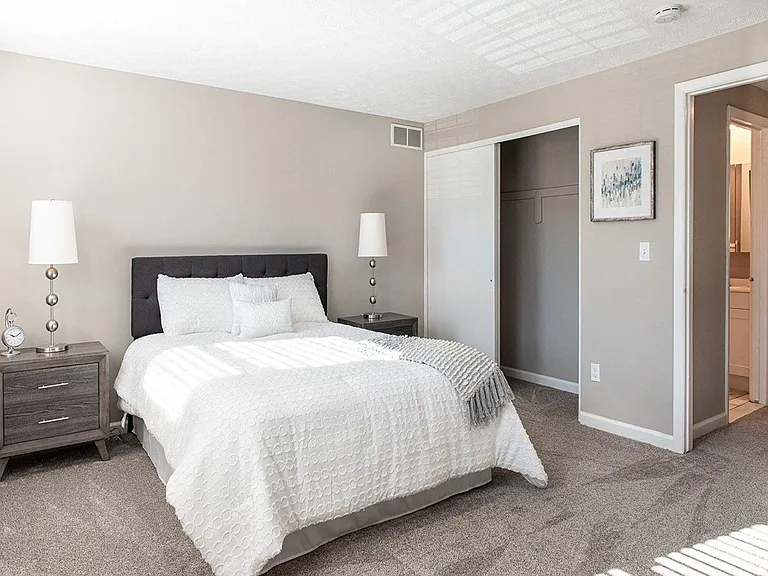 Another view of spacious primary bedroom with wall-to-wall carpeting & closet