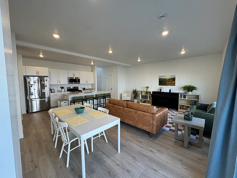 Kitchen, dining, living area