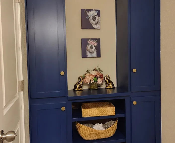 Half bathroom, built-in storage cabinets