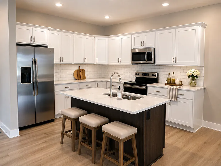 Beautiful, bright kitchen featuring quartz countertops and two pantries