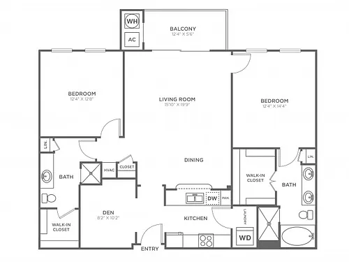 Floor plan 2 Bedroom 2 Bath (1,255 SF)
