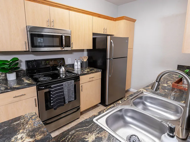 A beautifully designed kitchen with stainless steel appliances, ample cabinetry, and a dual sink setup.