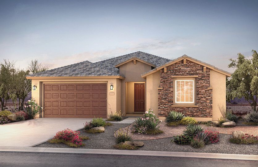 Exterior rendering shown in design style B. This design features decorative stone accents for maximu