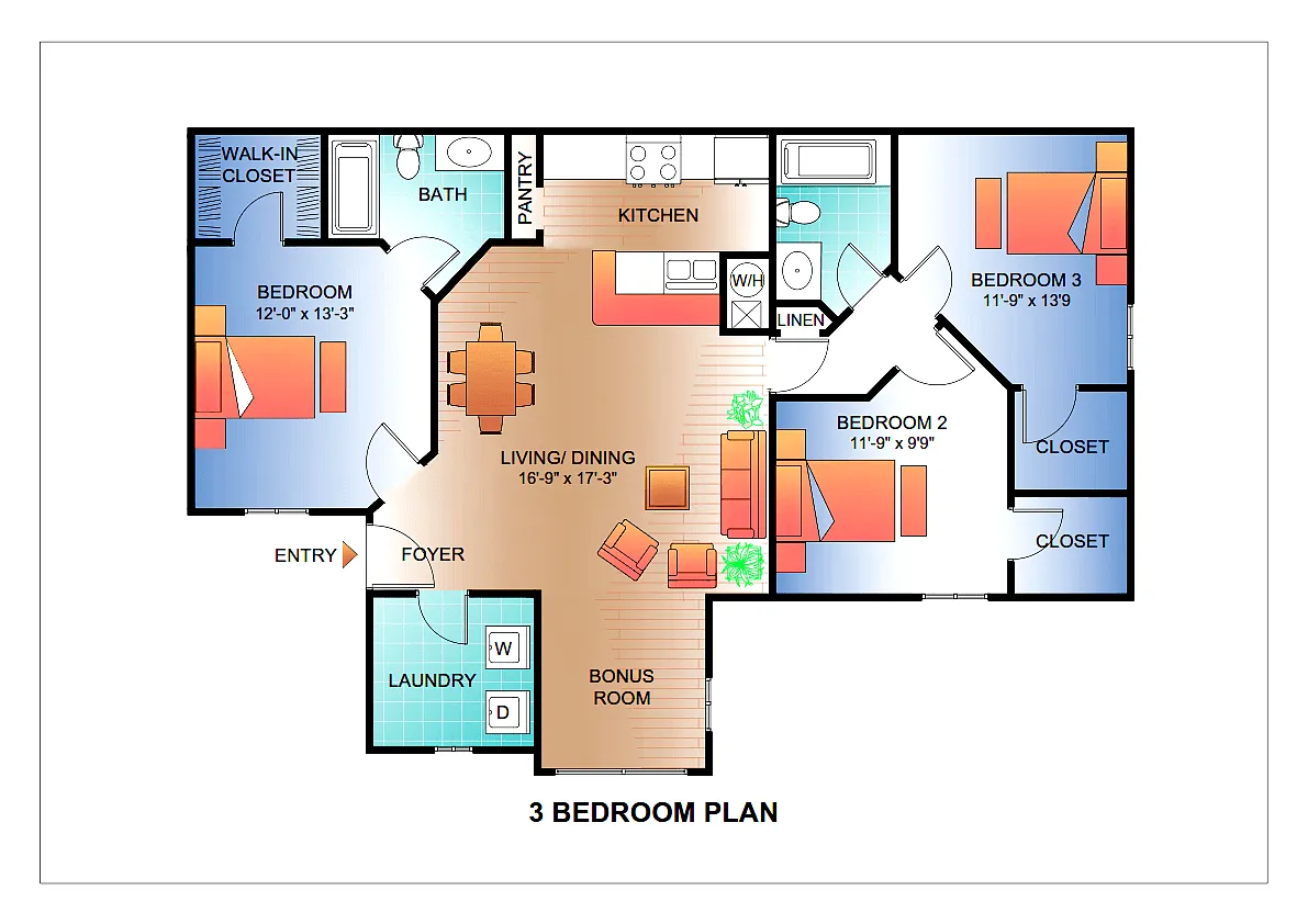 Floor plan Three Bedroom Two Bath