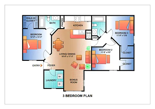 Floor plan Three Bedroom Two Bath