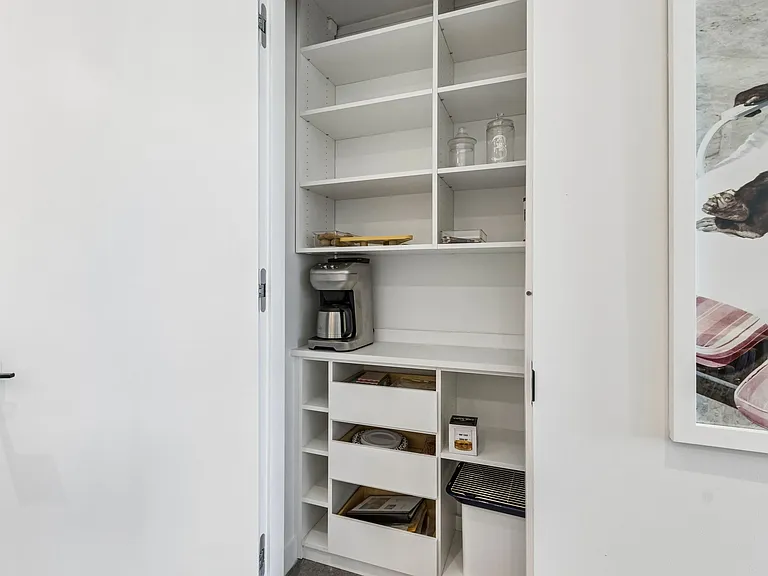Custom designed storage in closet in kitchen