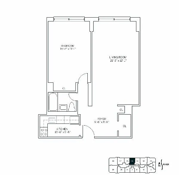 Floor plan WATERSIDE SQUARE NORTH - 1 Bedroom One Bathroom