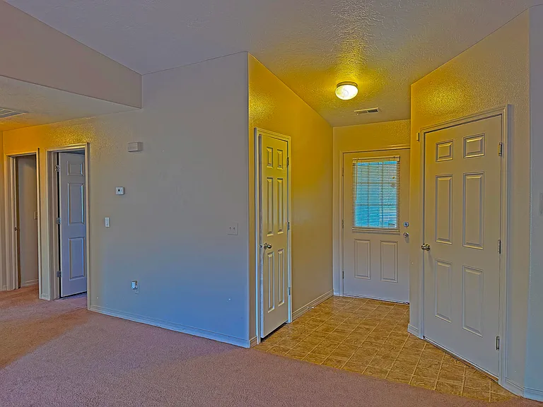 view of front door, coat closet door on the left, door to garage on the right