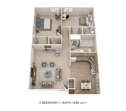 Floor plan Two Bedroom- 830 sqft