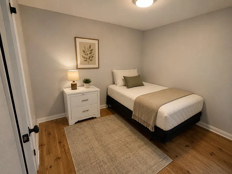 Staged single bedroom with hardwood floors, nightstand, area rug, and overhead lighting for a simple, functional setup.