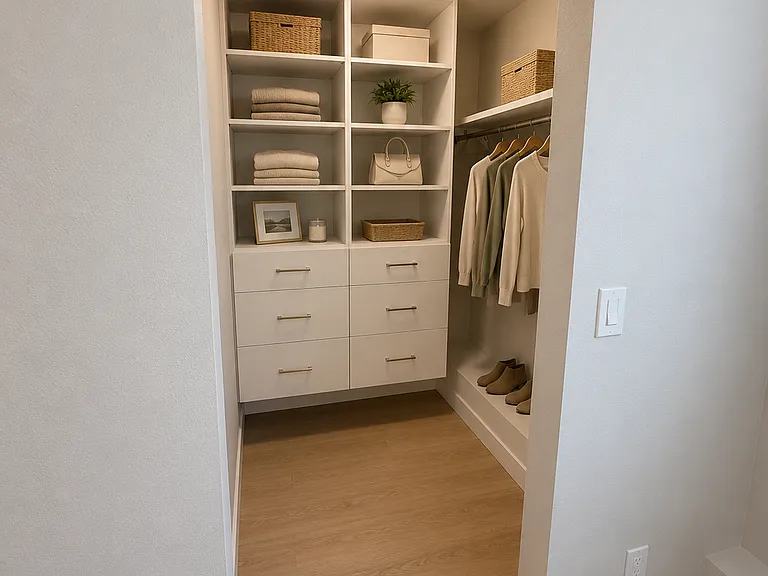 Second bedroom walk in closet with built in shelving and drawers
