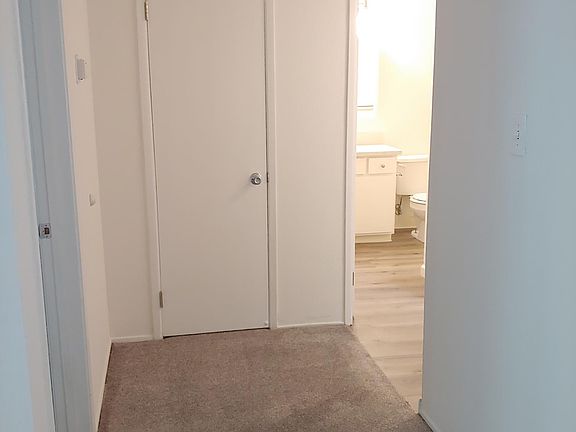 The hall. Door to the left is the bedroom. Door straight ahead is the coat closet. Door to the right is the bathroom.