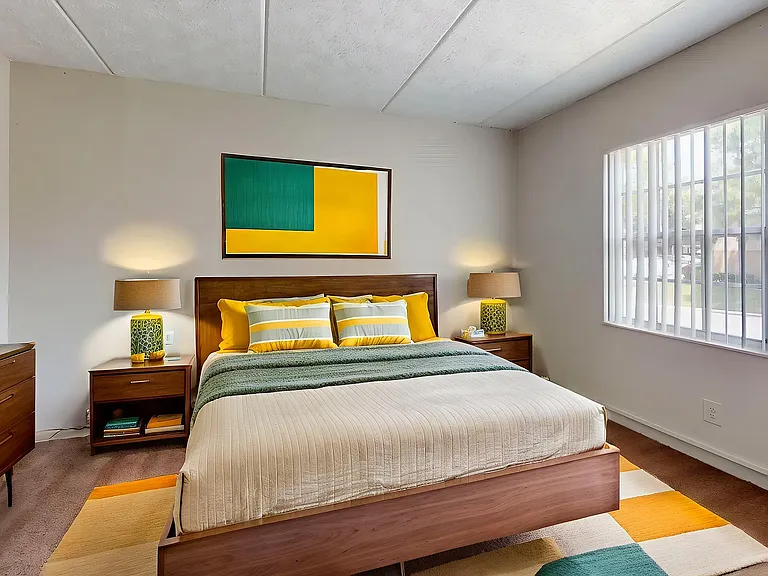 Bright and cozy bedroom featuring a modern wooden bed with vibrant pillows, large windows with natural light, and stylish decor.