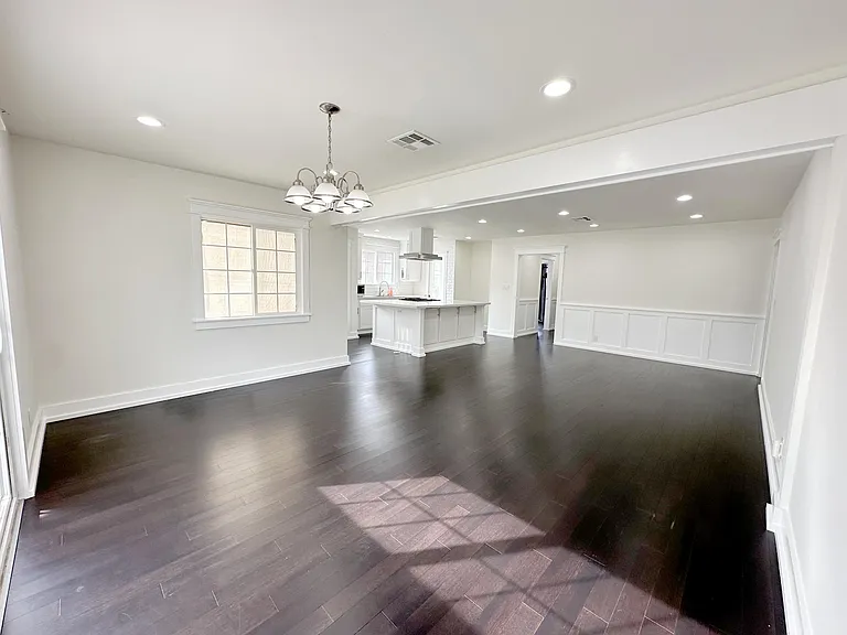 Open concept kitchen, living room, dining space