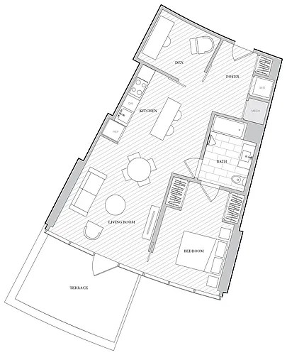 Floor plan 1 Bed 1 Bath Den B1DA