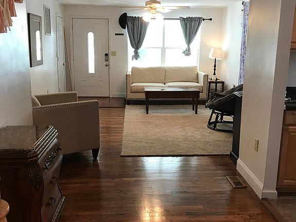 This photo was taken from the roomy dining room into the living room.