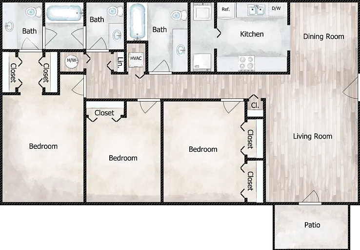 3 Bed 2.5 Bath Floorplan Diagram