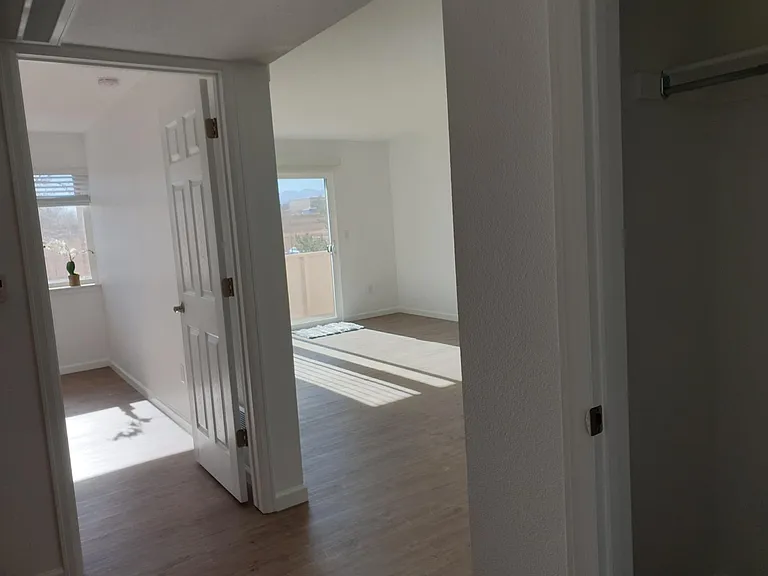 bedrrom on the left and living room on the right. Two big closests by the front door