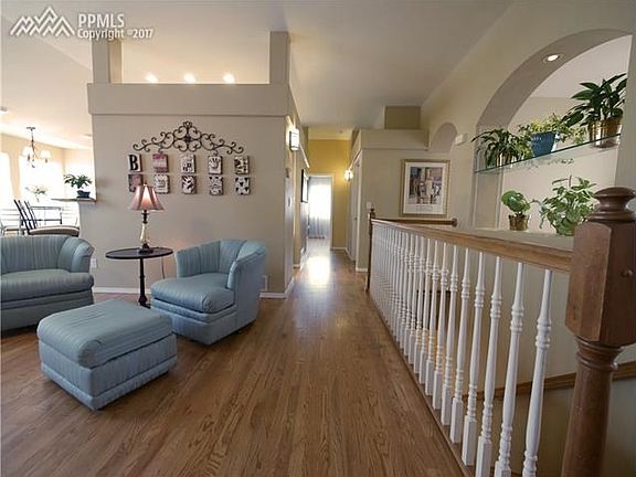 Living room area with stairwell to basement