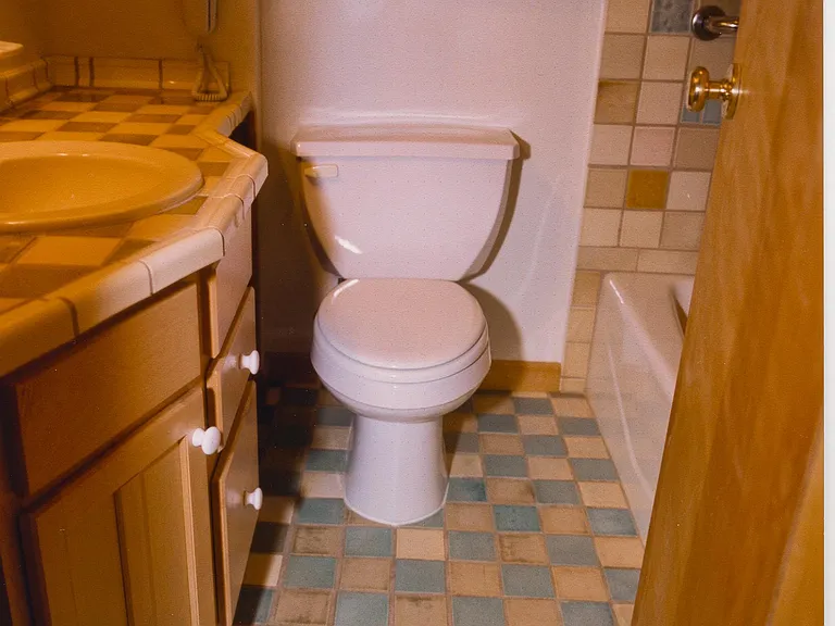 Main bath, art tile floor, tile by Pratt and Larson