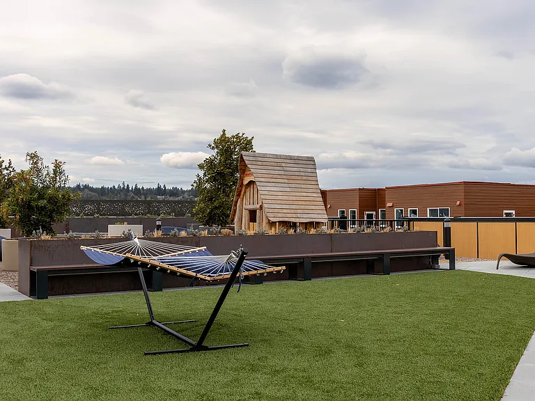 East Building Roof Deck amenity with a hammock and children's play area