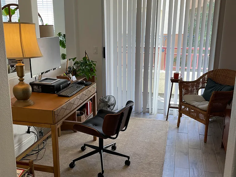 Bonus room from hall. Included: table, chair, rug, bookcase, wicker chair, wall unit, small wood/tile stand (great for coffee or a plant!), wicker "side table" good for a book or a few magazines (more for texture) trash basket, magazine rack, and 2 lamps.