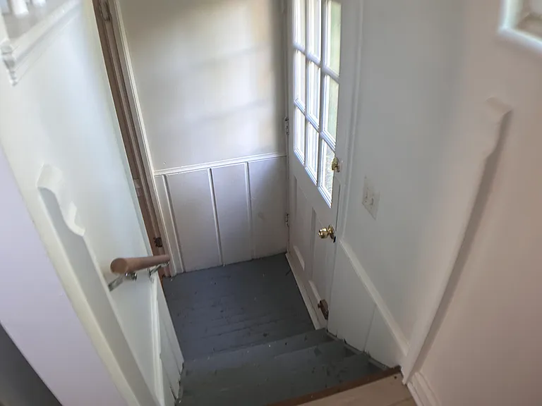 Stairway from upstairs kitchen to the Downstairs with outside door to backyard on the right