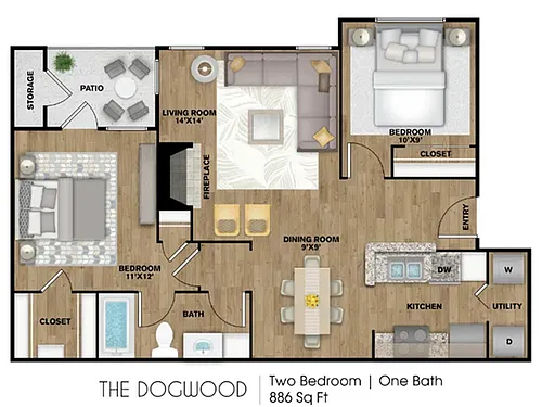 Floor plan 2 Bed, 1 Bath A (60% Income Restricted)