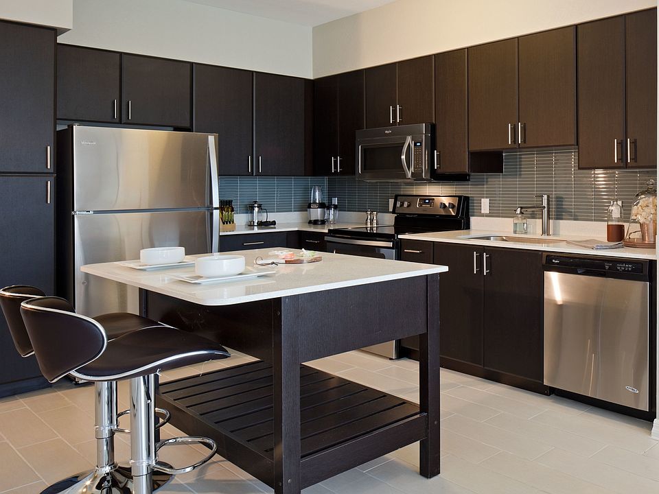 Modern kitchens with stainless steel appliances, tile backsplashes and moveable islands