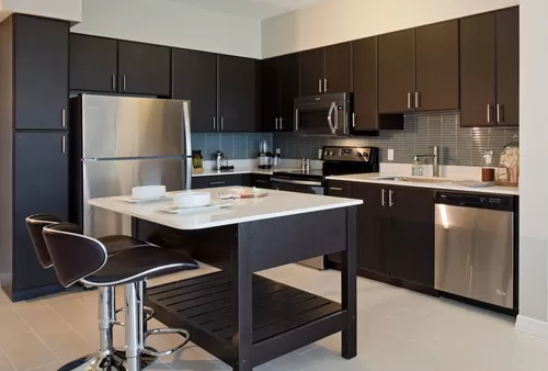 Modern kitchens with stainless steel appliances, tile backsplashes and moveable islands - Modera Douglas Station