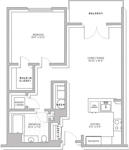 Floor plan 1 Bed 1 Bath A2B