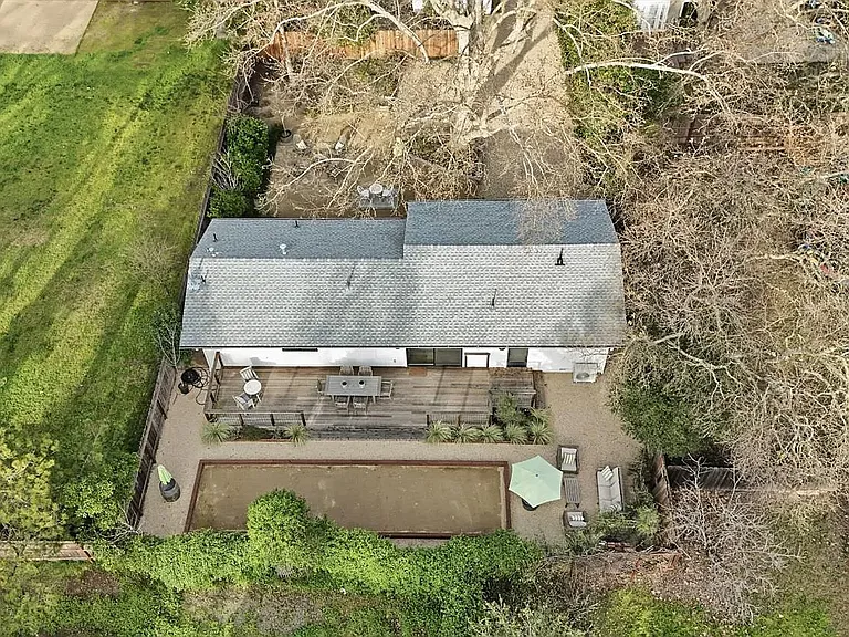 Ariel View, B unit Backyard Deck and Bocci Ball Court