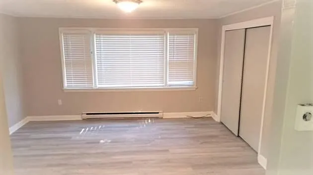 Large bright room- new grey plank flooring, all new grey paint and new 2'' window blinds.