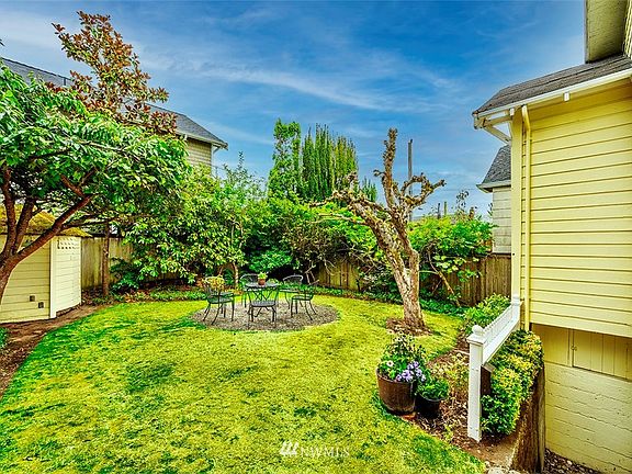 Fully fenced back yard with kitchen access and garden shed.