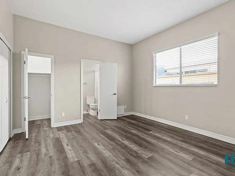 Bedroom with Bathroom, Large Windows, Closet, and Vinyl Flooring