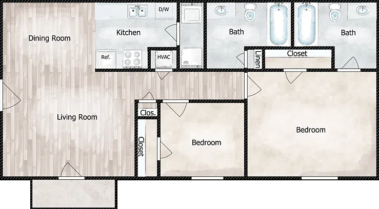 2 Bed 2 Bath Floorplan Diagram