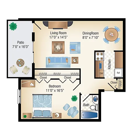 Floor plan GARDEN A 1 Bed 1 Bath