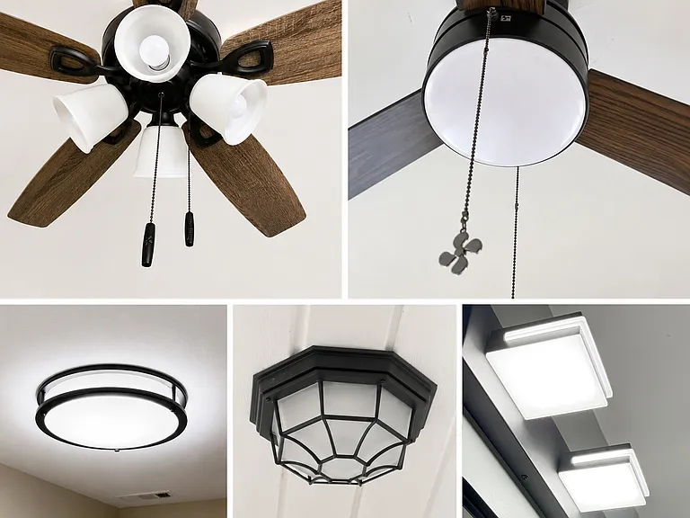 Light fixture details: Ceiling fans in bedrooms, outdoor light, & master bath sink lights.