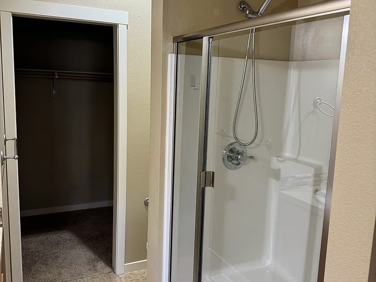 primary bathroom, shower, toilet and walk-in closet
