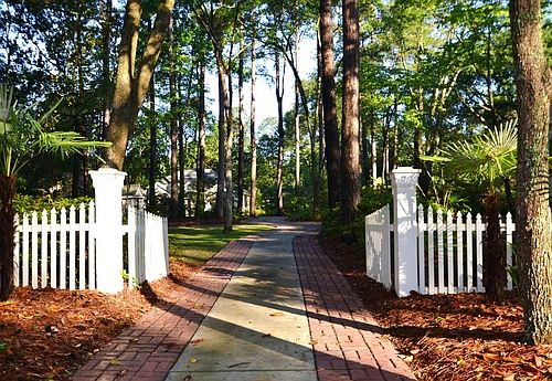 Over one acre lot fenced and landscaped with brick-trimmed circular drive and walkways in a wooded garden of pines, oaks, magnolias, azaleas, camellias, holly trees, crape myrtles...