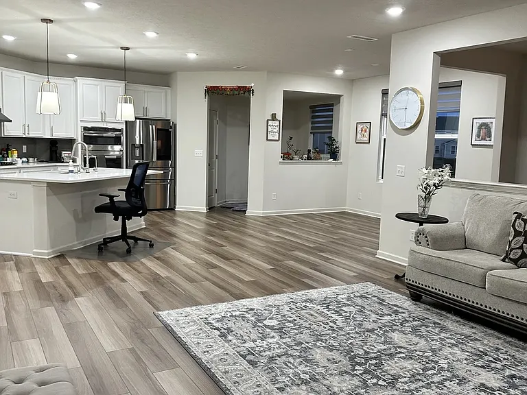 View of the kitchen and office space from the living room