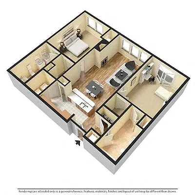 Floor plan 2 bedroom 2 bath, 1052 sq ft