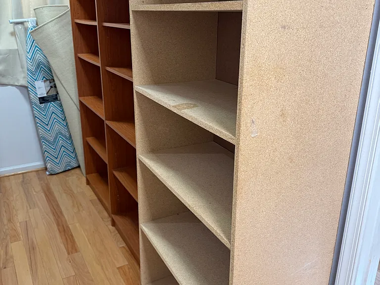 2 book cases, 2 custom large bookcase (1 in hallway as seen, other bookcase in hall closet), 2 hall closets, 1 closet in bedroom