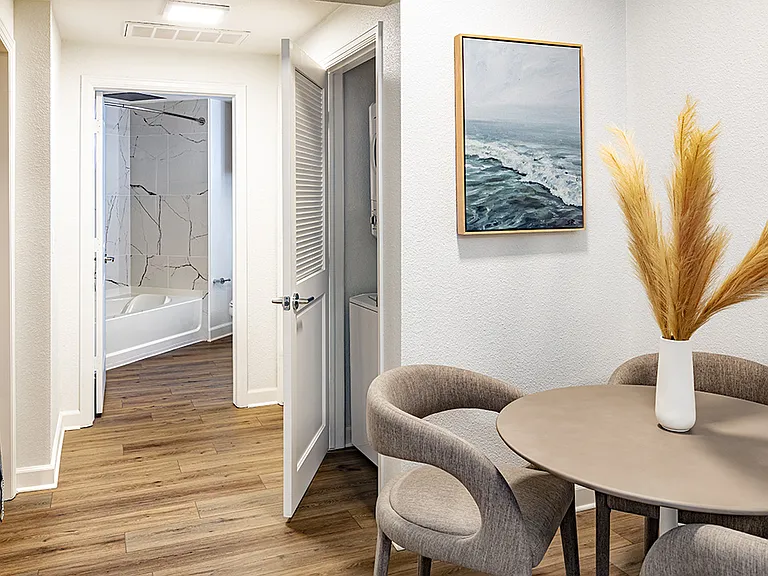 Apartment dining room and in-home washer and dryer.