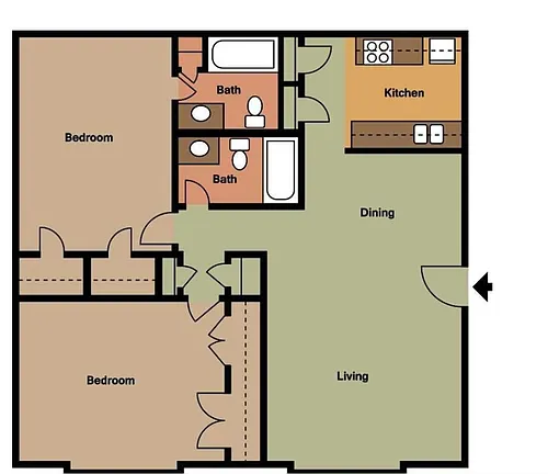 Floor plan 2Bedroom-2Bathroom 1075 Sq Ft