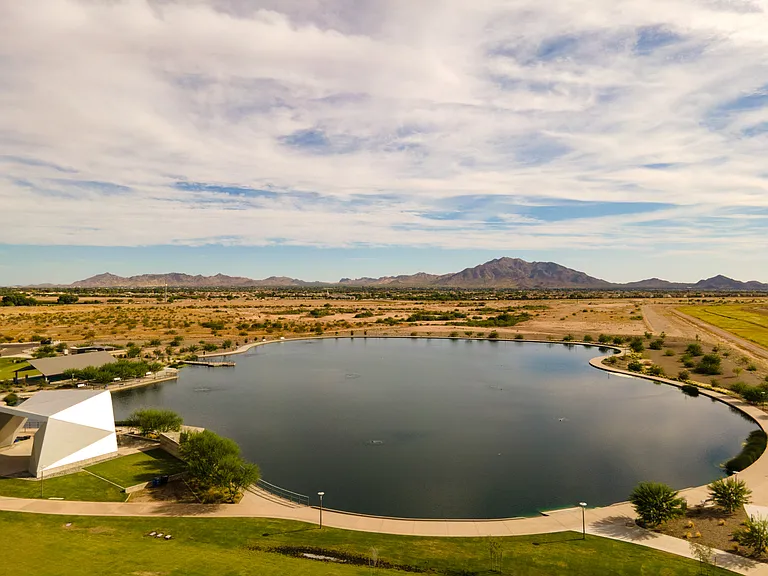 Gorgeous view of the lake and Pavilion-- where events are held, at Gilbert Regional Park. Sitting along the lake at sunset is a great way to unwind before heading home.